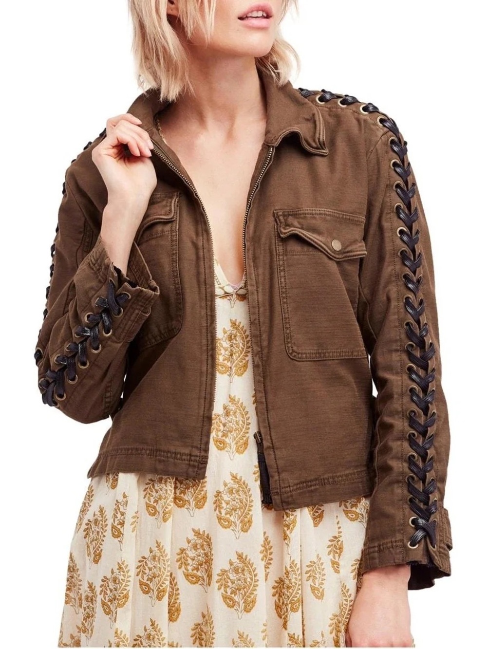 Free People Faye Military Jacket Lace Sleeve Detail - Picture 2 of 14